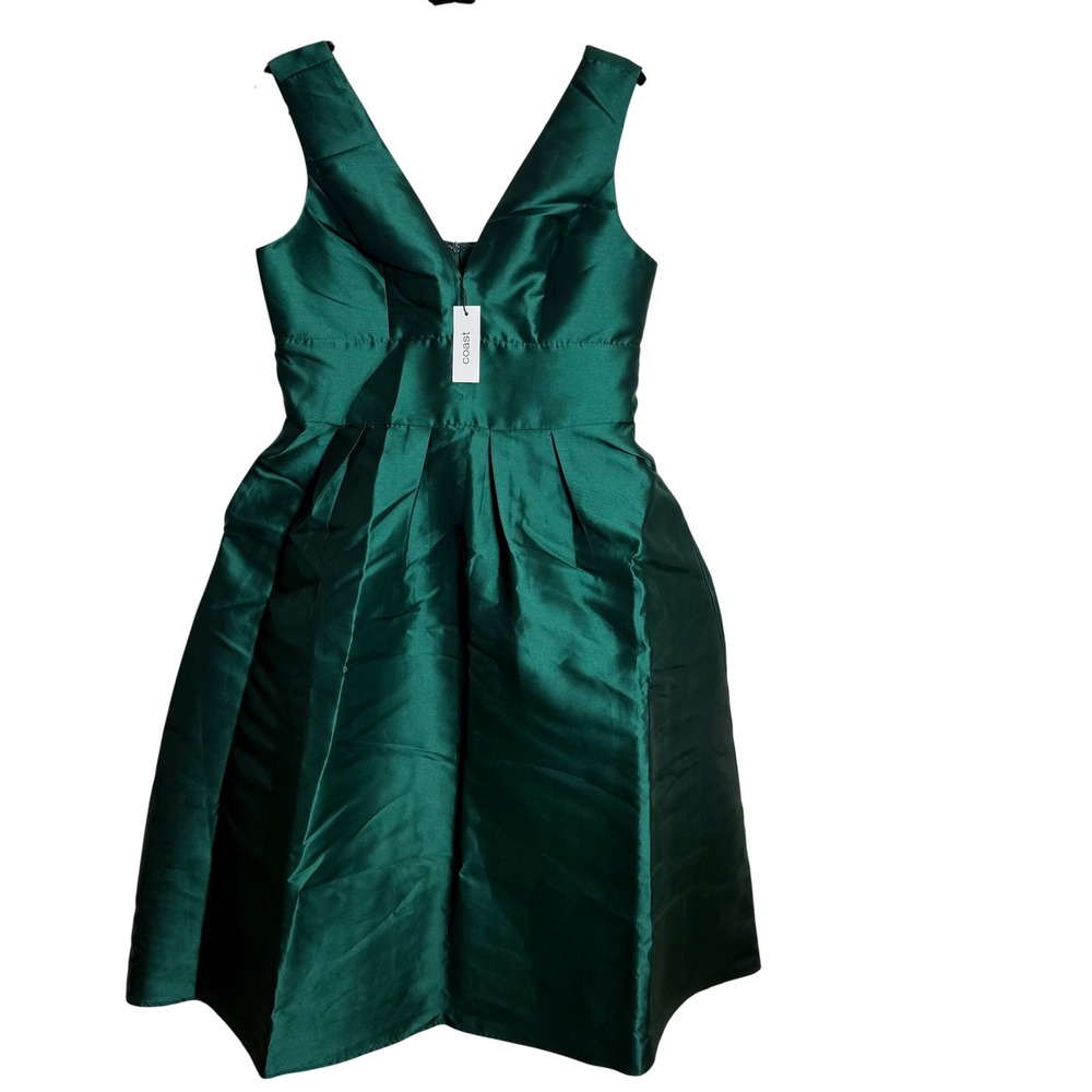 Coast Plunge Neck Structured Twill Midi Dress Emerald Green US 8 NWT Pockets - Picture 3 of 10